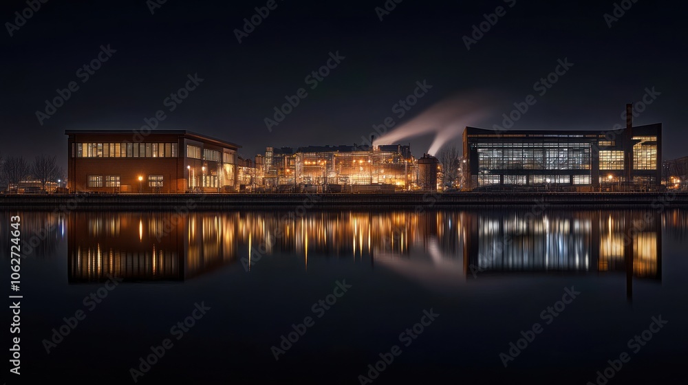 A panoramic view of a modern industrial complex at night, with the lights reflected in the water. A panoramic view of a modern industrial complex at night, with the lights reflected in the water.