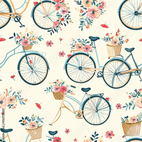 Bicycle pattern with vintage bikes and floral baskets. 