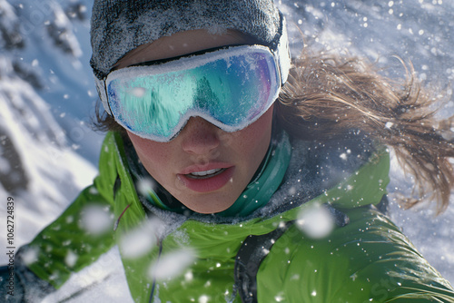 portrait female model wearing ski goggles, and ski suit photo