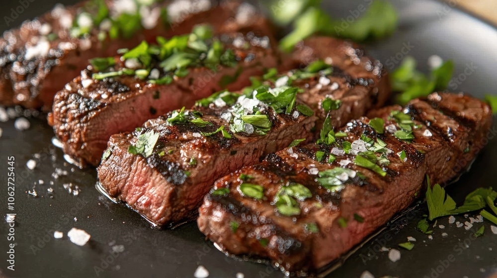 Four slices of grilled steak on a black plate, garnished with parsley and salt. Four slices of grilled steak on a black plate, garnished with parsley and salt.