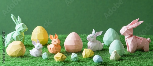 Colorful origami bunnies and eggs display photo