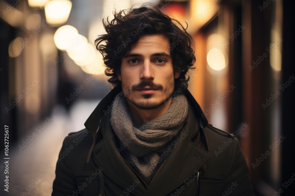 Portrait of a handsome young man in coat and scarf at night. Portrait of a handsome young man in coat and scarf at night.