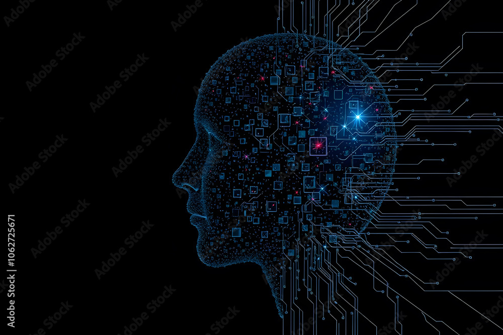 Obraz premium A digital representation of a human head in profile, composed of interconnected circuits and glowing data points, symbolizing artificial intelligence and technology.
