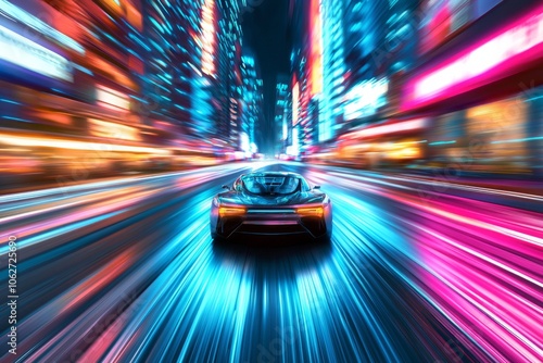 A futuristic car speeding through an urban cityscape at night, surrounded by neon lights and skyscrapers. 