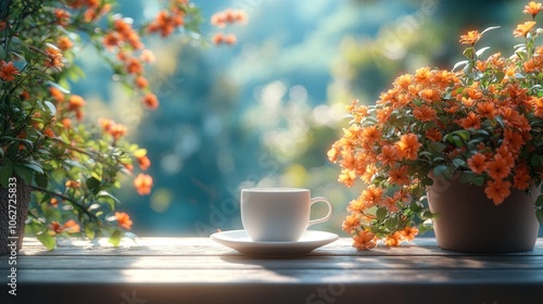 A serene scene featuring a cup and blooming flowers.