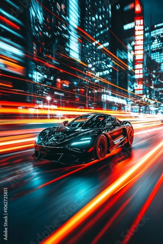 A futuristic car speeding through an urban cityscape at night, surrounded by neon lights and skyscrapers. 