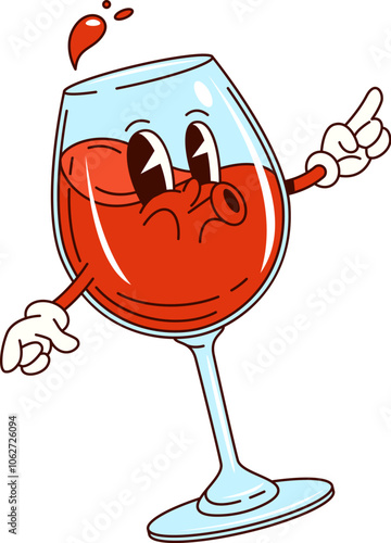 Groovy red wine glass character, playful alcohol drink personage. Isolated cartoon vector beverage wineglass with splash and funny face ready for celebration and enjoyment with joyful and lively vibes