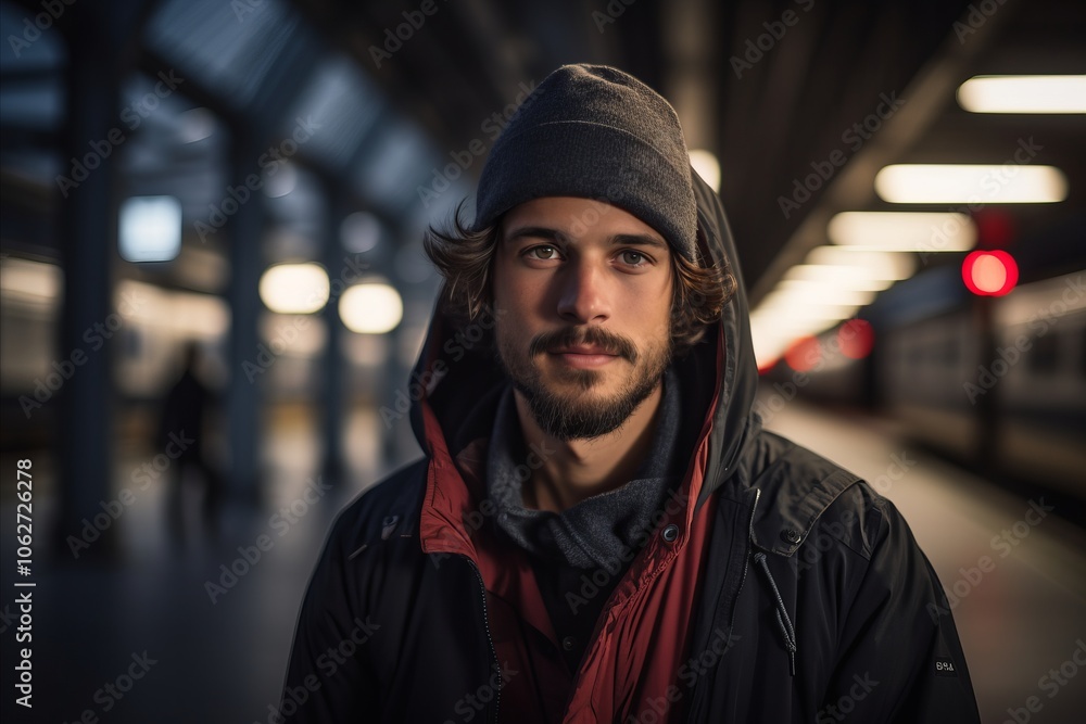 Portrait of a handsome young man in a subway station in winter Portrait of a handsome young man in a subway station in winter