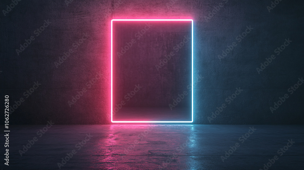 A rectangular neon outline against a pitch-black background, with the top and right sides glowing red and the left and bottom edges in blue. The bold neon colors stand out sharply, casting a soft, A rectangular neon outline against a pitch-black background, with the top and right sides glowing red and the left and bottom edges in blue. The bold neon colors stand out sharply, casting a soft,