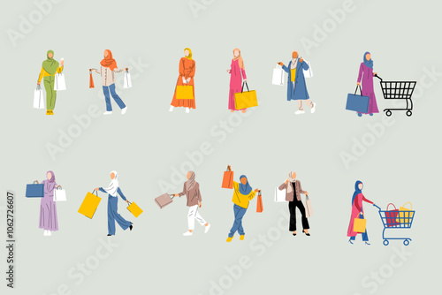 A diverse set of stylish hijabi women holding shopping bags and pushing carts in a modern flat illustration style. Ideal for fashion, lifestyle, and shopping-related projects.
