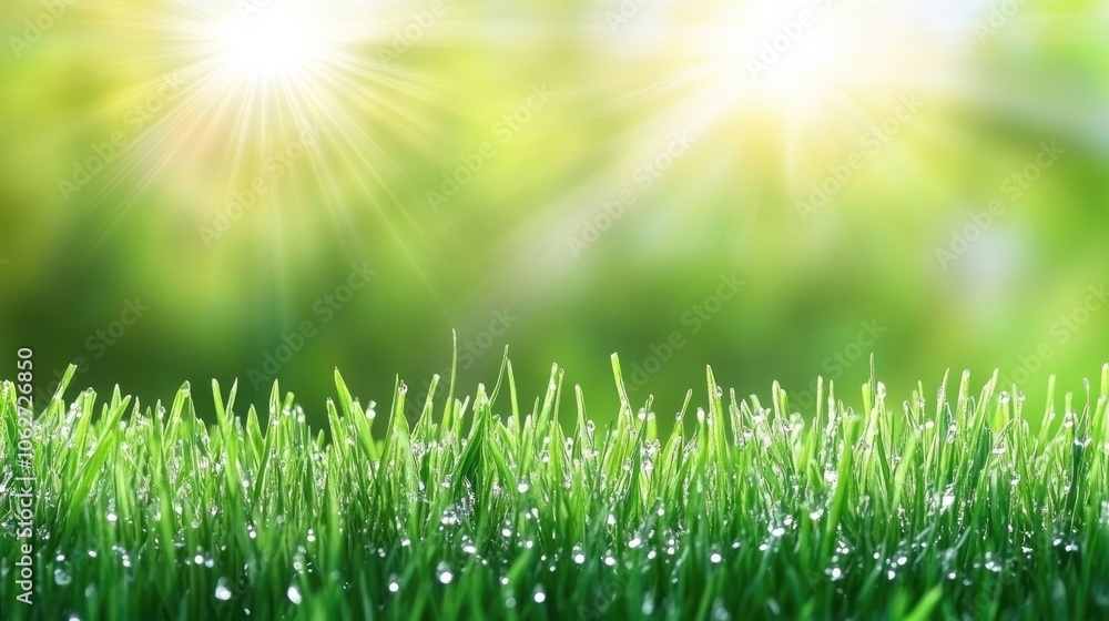 Fototapeta premium Lush Green Grass with Sunlight and Dewdrops