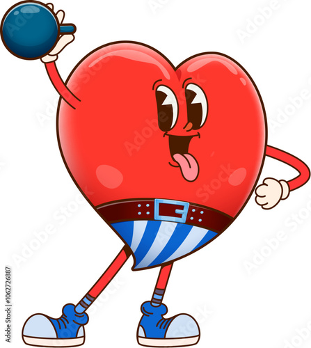 Cute groovy heart character lifting a barbell. Isolated cartoon vector red strong healthy heart sportsman personage with a big smile and flexing arms, lifts a heavy weight, showcasing love for sports