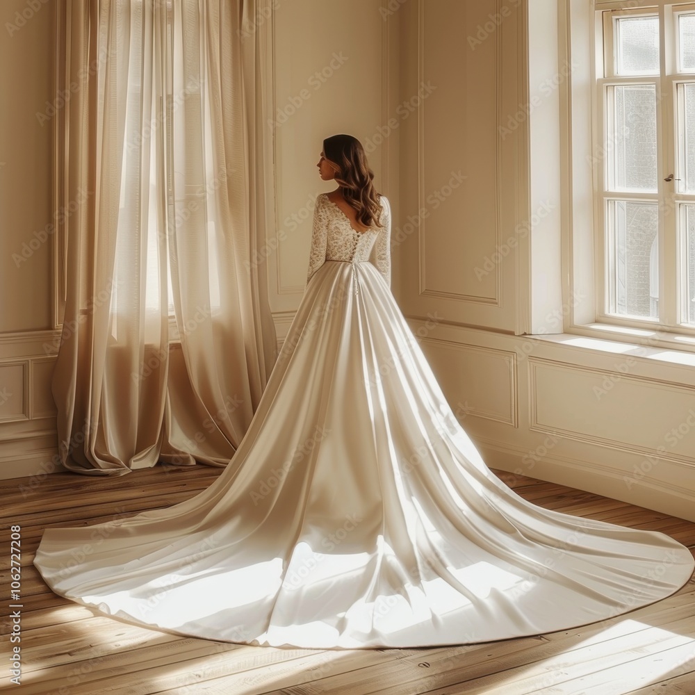 A bride in a minimalist satin wedding dress to the floor A bride in a minimalist satin wedding dress to the floor