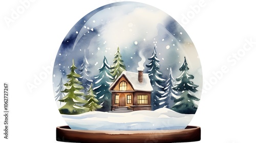 Snowy Cabin in Watercolor Winter Snow Globe Cozy and peaceful landscape with pine trees and wooden cabin isolated on a white background creating a dreamy fantasy like scene with a vintage