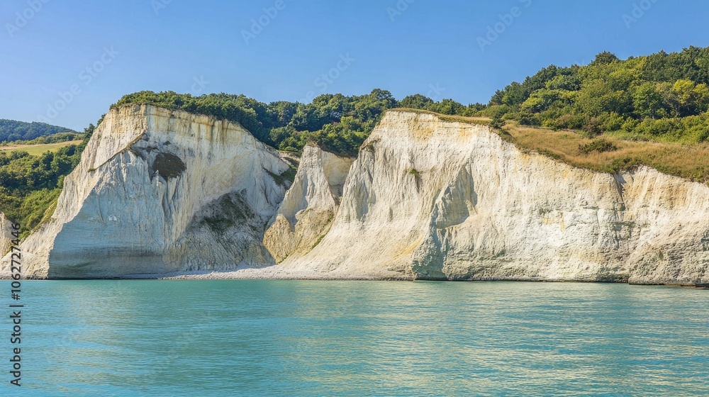 White Chalk Cliffs by Calm Blue Water Under Clear Sky White Chalk Cliffs by Calm Blue Water Under Clear Sky