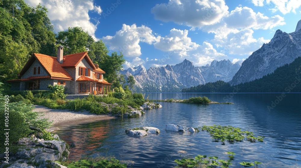 Fototapeta premium Tranquil Lakeside Retreat Surrounded by Mountains