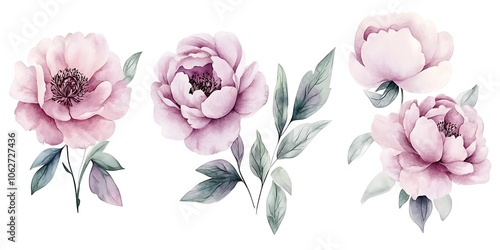 Set of watercolor bouquets with peony flower elements. Collection botanical isolated on white background suitable for Wedding Invitation, save the date, thank you, or greeting card. Generative Ai
