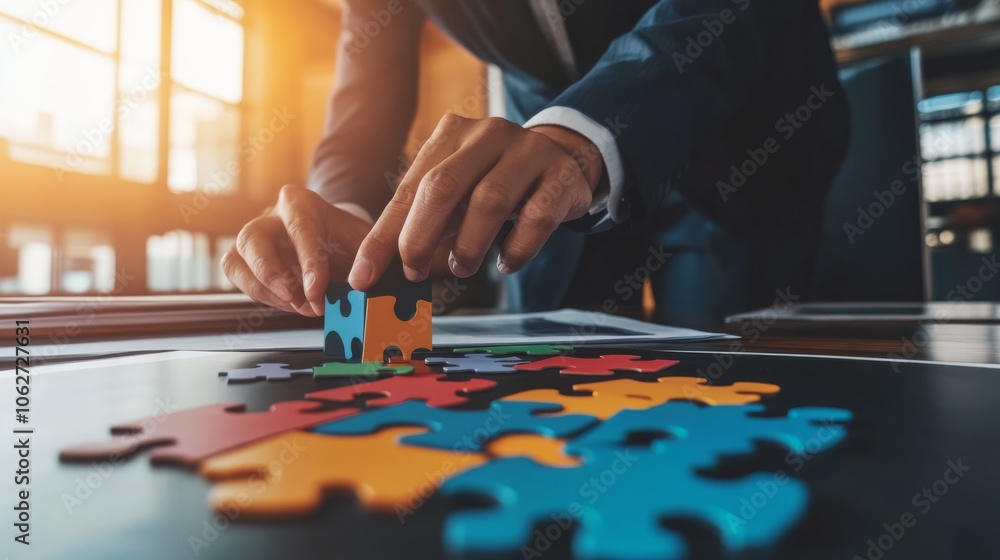 Fototapeta premium A person in a suit is placing a puzzle piece on a table, symbolizing problem-solving and collaboration in a business environment.