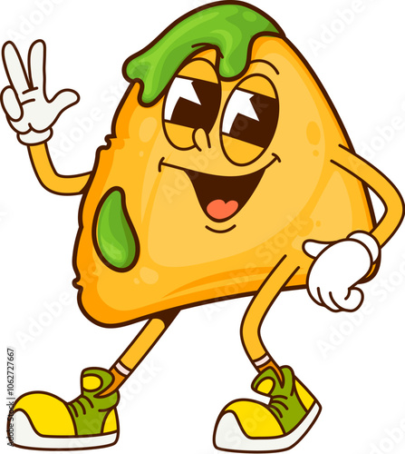 Cartoon fast food nacho chip groovy character. Street cafe snack, Mexican takeaway meal or junk menu nacho chip funny cartoon isolated vector mascot. Fast food cafe snack happy groovy character