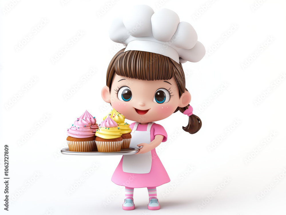 Kawaii child baker holding tray of colorful cupcakes, wearing chef hat and joyful expression. Perfect for baking themes and children illustrations Kawaii child baker holding tray of colorful cupcakes, wearing chef hat and joyful expression. Perfect for baking themes and children illustrations