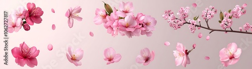 Spring sakura cherry blooming flowers bouquet. Isolated realistic pink petals, blossom, branches, leaves set. Design spring tree illustration. Generative Ai
