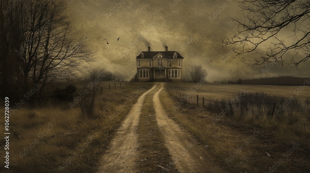 Obraz premium A long, winding dirt road leads to an old, abandoned house in the middle of a field. The sky is dark and stormy, and the trees are bare.