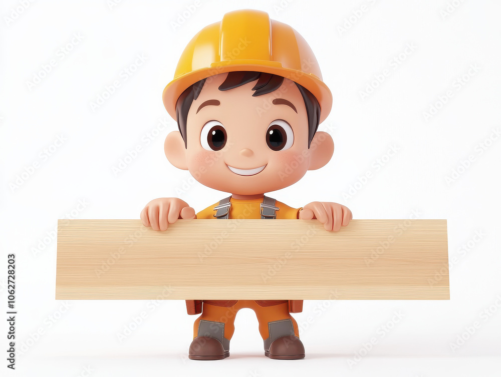 Kawaii child carpenter with toolbelt, holding wooden plank, smiling proudly, isolated on white background Kawaii child carpenter with toolbelt, holding wooden plank, smiling proudly, isolated on white background