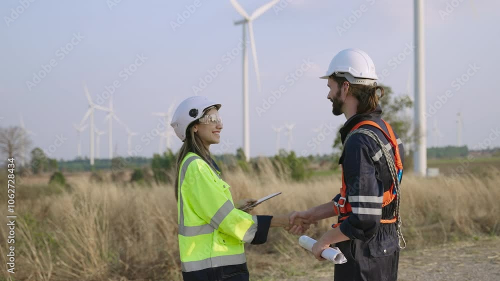 Renewable energy engineers handshake working on wind turbine projects. Technician workers use tablet and blueprints to work outdoors at windmill farms. Engineer research environment green energy. Renewable energy engineers handshake working on wind turbine projects. Technician workers use tablet and blueprints to work outdoors at windmill farms. Engineer research environment green energy.