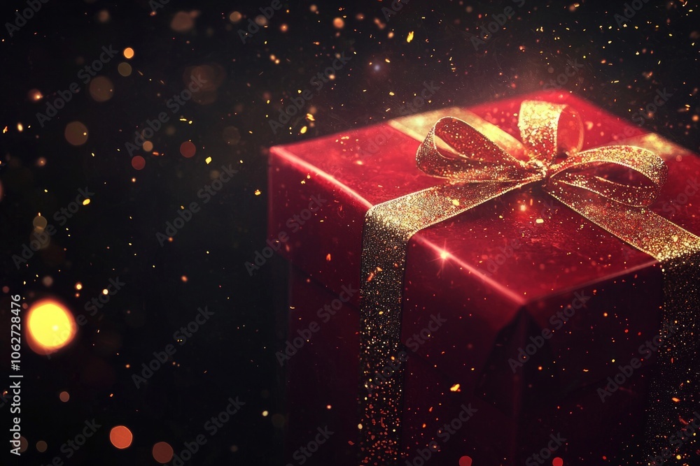 A red gift box with a glittering ribbon, set against a dark background, with golden lights and a bokeh effect A red gift box with a glittering ribbon, set against a dark background, with golden lights and a bokeh effect