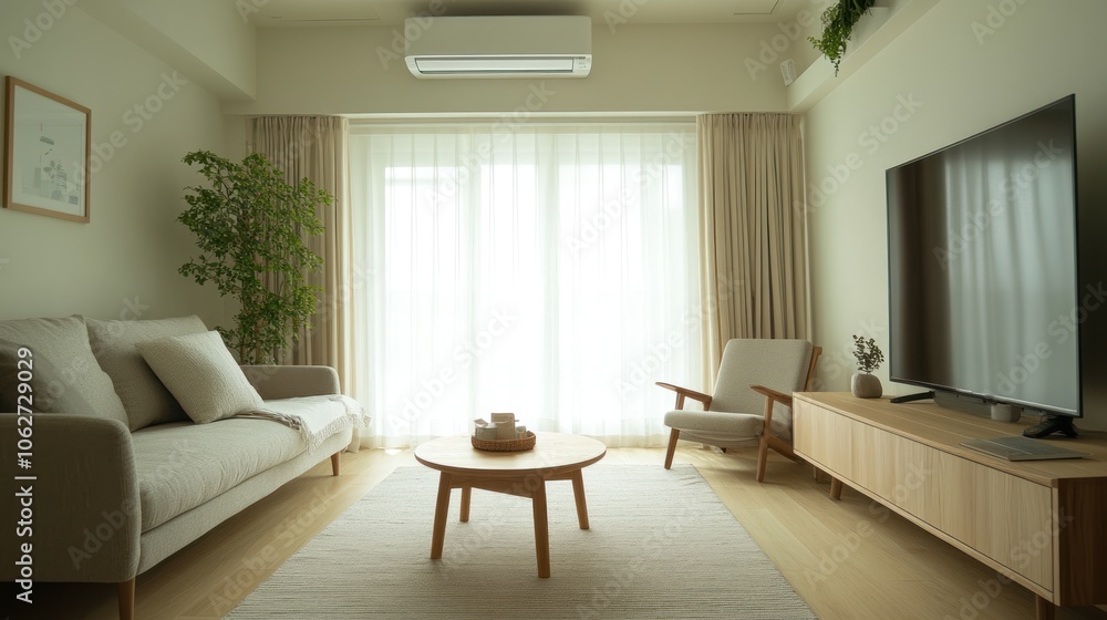 A modern living room with a light and airy feel. It features a beige sofa, a coffee table, an armchair, a TV, and a large window with white curtains. The room is decorated in a minimalist style with w A modern living room with a light and airy feel. It features a beige sofa, a coffee table, an armchair, a TV, and a large window with white curtains. The room is decorated in a minimalist style with w