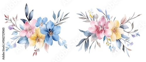Watercolor floral bouquet illustration set - blush pink blue yellow flower green leaf leaves branches bouquets collection. Wedding stationary, greetings, wallpapers, fashion, background. Generative Ai