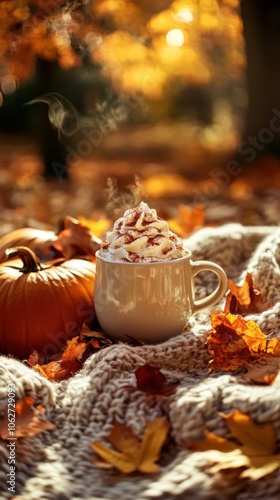 A cozy pumpkin spice latte in a ceramic mug, topped with whipped cream and sprinkled with cinnamon.