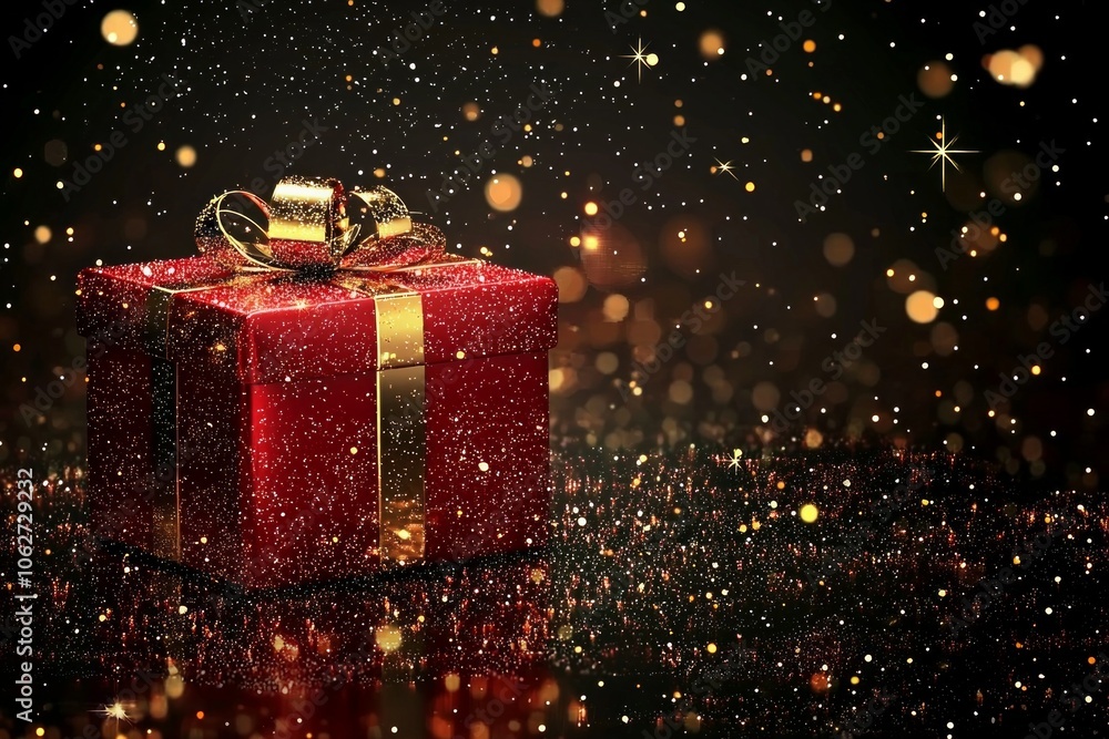 A red gift box with a glittering ribbon, set against a dark background, with golden lights and a bokeh effect A red gift box with a glittering ribbon, set against a dark background, with golden lights and a bokeh effect