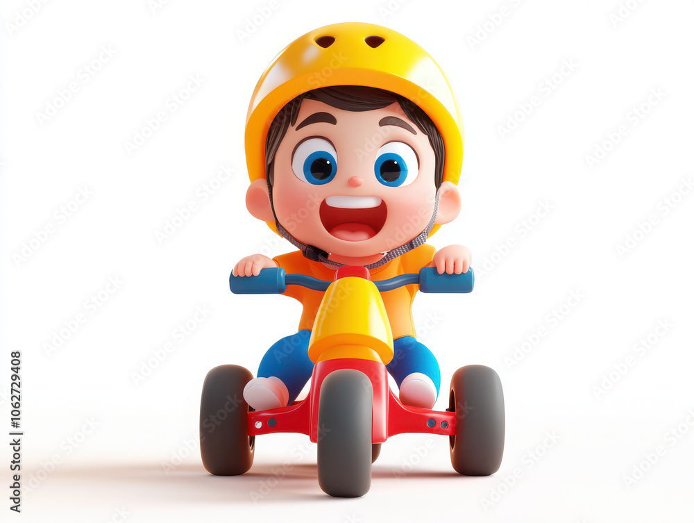 kawaii child riding tricycle, wearing yellow helmet, smiling excitedly. vibrant colors and joyful expression create playful atmosphere kawaii child riding tricycle, wearing yellow helmet, smiling excitedly. vibrant colors and joyful expression create playful atmosphere