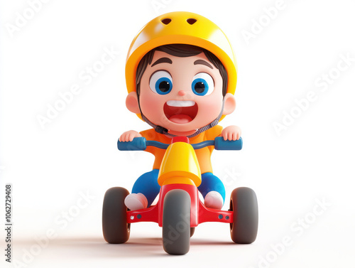 kawaii child riding tricycle, wearing yellow helmet, smiling excitedly. vibrant colors and joyful expression create playful atmosphere