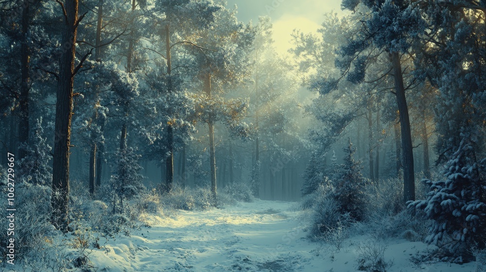 Naklejka premium Dense winter forest shrouded in soft morning mist snow dusting the pine needles hushed atmosphere subtle sunlight breaking through the fog tranquil nature scene