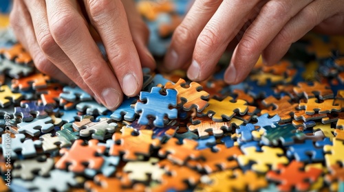 A close-up of hands assembling a colorful jigsaw puzzle on a cluttered surface, showcasing various pieces in different shapes and colors.