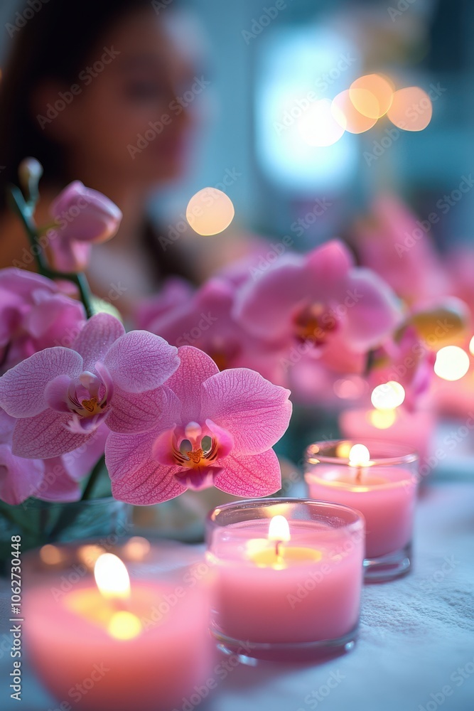 Relaxing spa atmosphere with flowers and candles on a blurred background Relaxing spa atmosphere with flowers and candles on a blurred background
