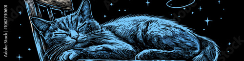 Dreamlike Illustration of a Cat Sleeping on a Chair in Starry Night Sky, Digital Art, Blue Shaded Feline, Cosmic Dreams, Relaxation, Celestial Atmosphere
