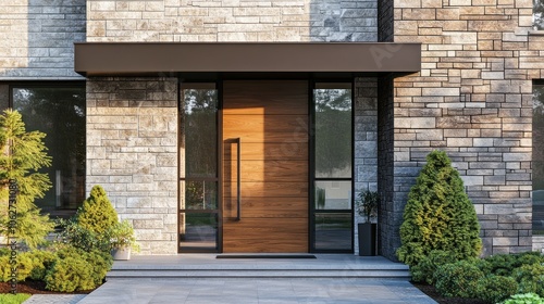 Modern home exterior with a wooden front door, stone facade, and a canopy.