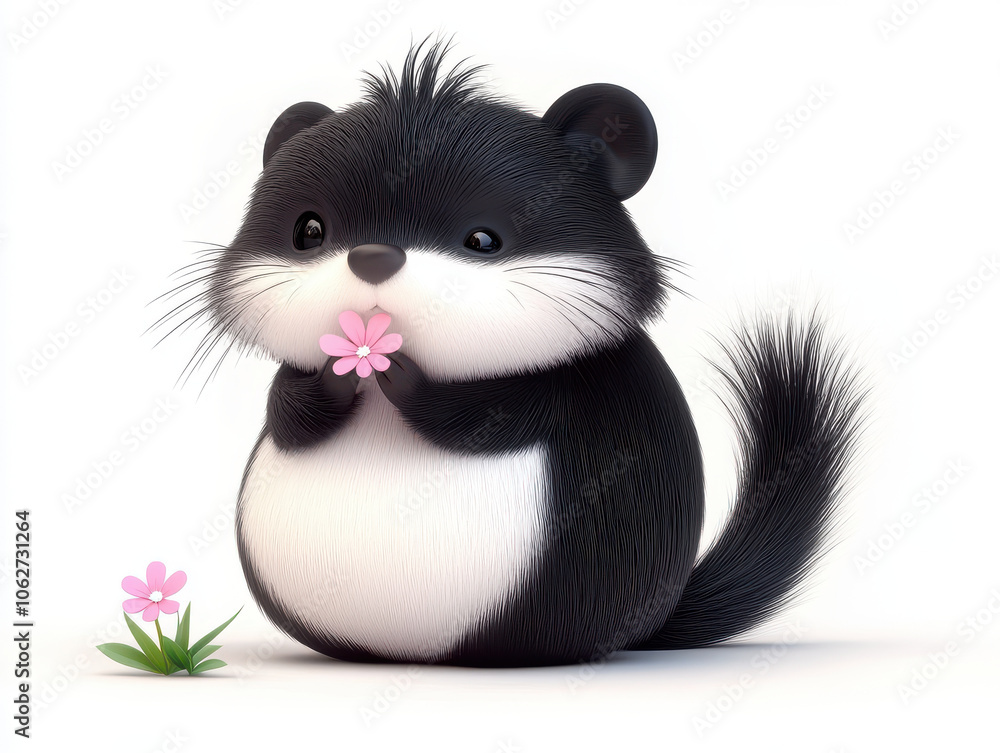 cute 3D kawaii fat skunk holding tiny flower, isolated on white. This adorable character brings joy and charm, perfect for children illustrations or playful designs cute 3D kawaii fat skunk holding tiny flower, isolated on white. This adorable character brings joy and charm, perfect for children illustrations or playful designs