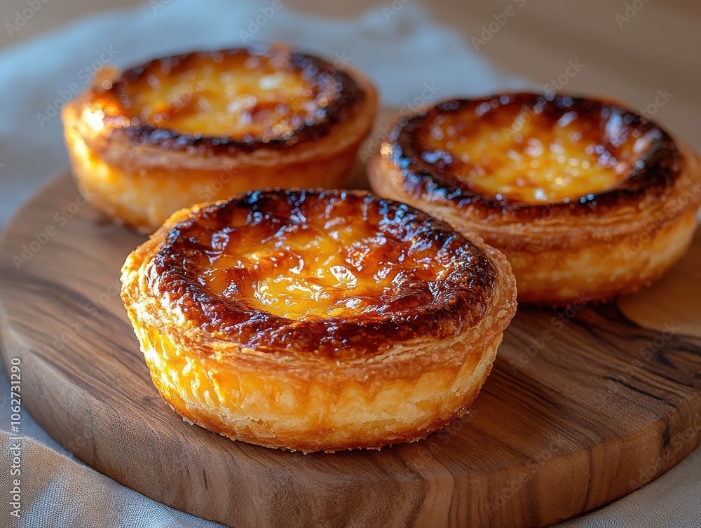 Portuguese pastel de nata resting on a simple surface, soft shadows highlighting its creamy texture and crisp pastry edges Portuguese pastel de nata resting on a simple surface, soft shadows highlighting its creamy texture and crisp pastry edges
