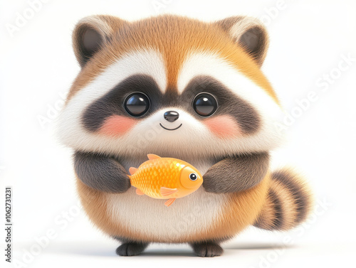 cute 3D kawaii fat raccoon holding little fish, isolated on white background, exuding playful and joyful expression