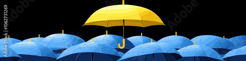 Bright Yellow Umbrella Standing Out Among Blue Umbrellas on a Rainy Day Illustrating Uniqueness and Individuality Concept Amidst Similarity in Weather