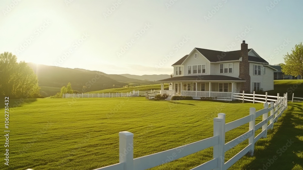 Fototapeta premium Serene Country Home with Expansive Lawn at Sunrise
