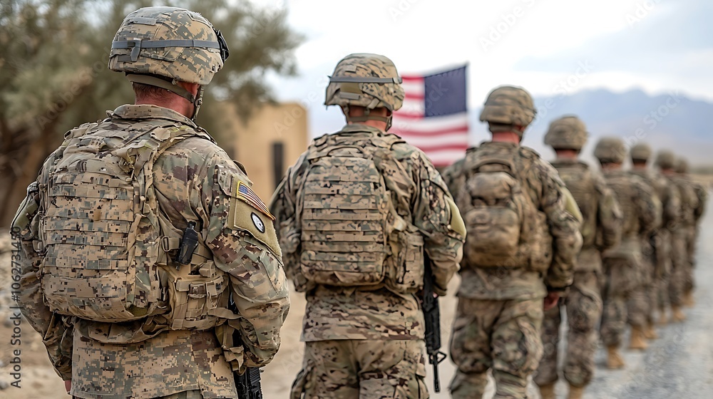 Soldiers Standing in Line with American Flag in Background Soldiers Standing in Line with American Flag in Background