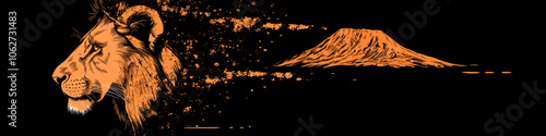 Lion silhouette merging with Mount Kilimanjaro landscape in artistic illustration, featuring dynamic orange and black color scheme, African wildlife concept art