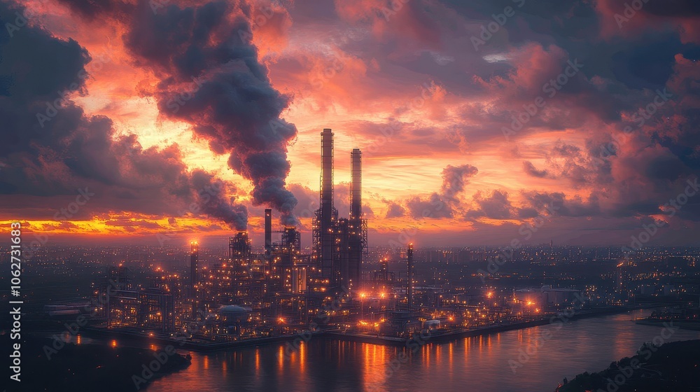 Industrial Power Hub, vast cooling towers rise above intricate electrical grids, steam billows in vibrant display, showcasing engineering marvels Industrial Power Hub, vast cooling towers rise above intricate electrical grids, steam billows in vibrant display, showcasing engineering marvels