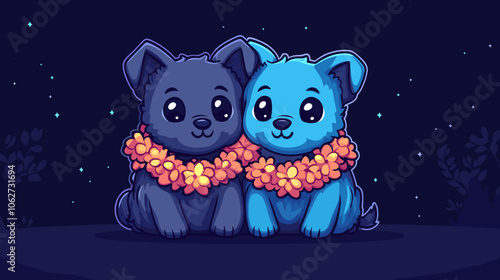 Adorable Cartoon Puppies with Flower Leis Under Starry Sky - Cute Blue and Grey Dogs Illustration with Night Scenery and Orange Blossoms