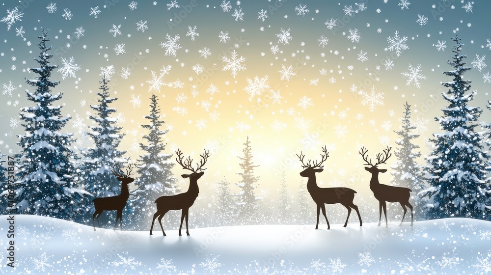 Winter scene with deer in a snowy landscape. Winter scene with deer in a snowy landscape.